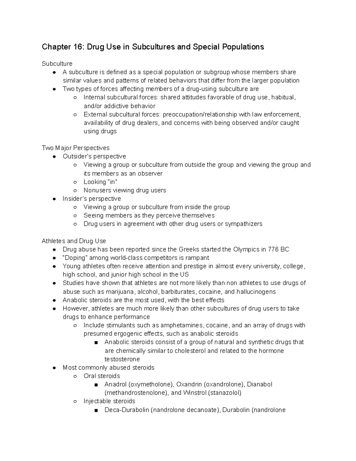 Ch 16 - Chapter 16 Notes: Drug Use In Subcultures And Special ...