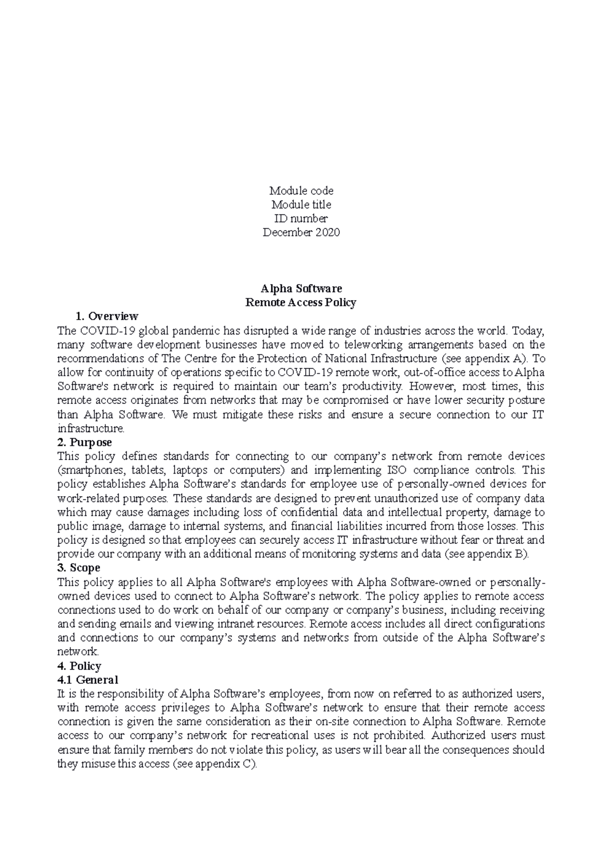 Remote Access Policy Module code Module title ID number December 2020