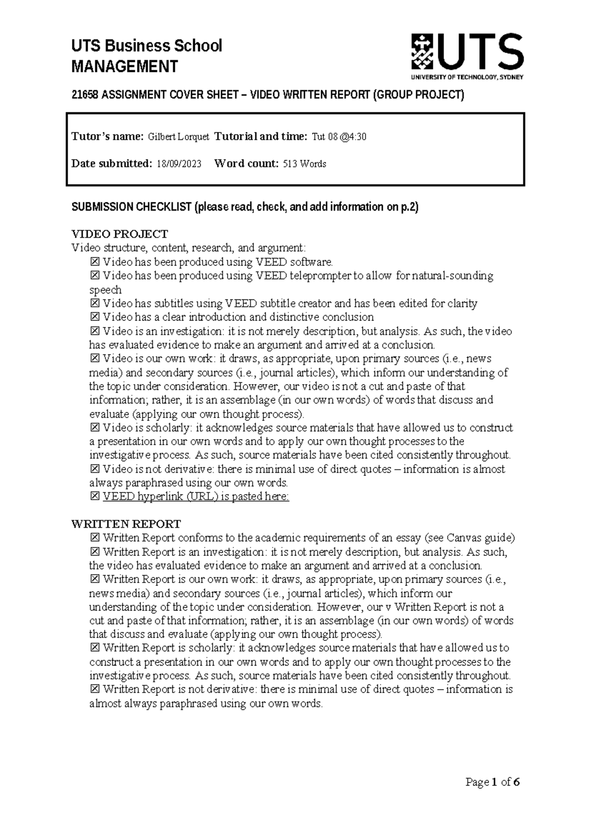 Video Project Written Report - 21658 - MANAGEMENT 21658 ASSIGNMENT ...