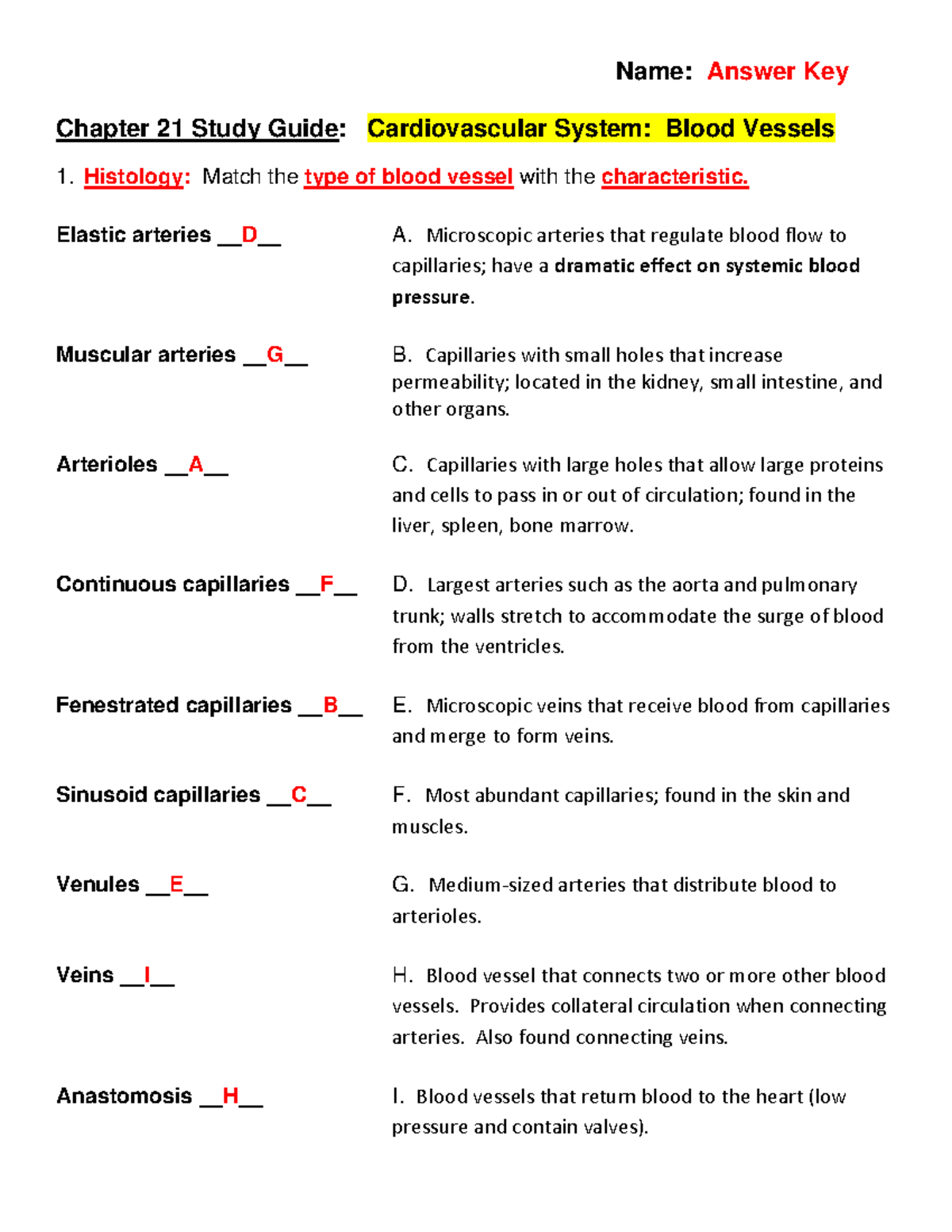 Chapter 21 Study Guide Blood Vessels Name Answer Key Chapter 21