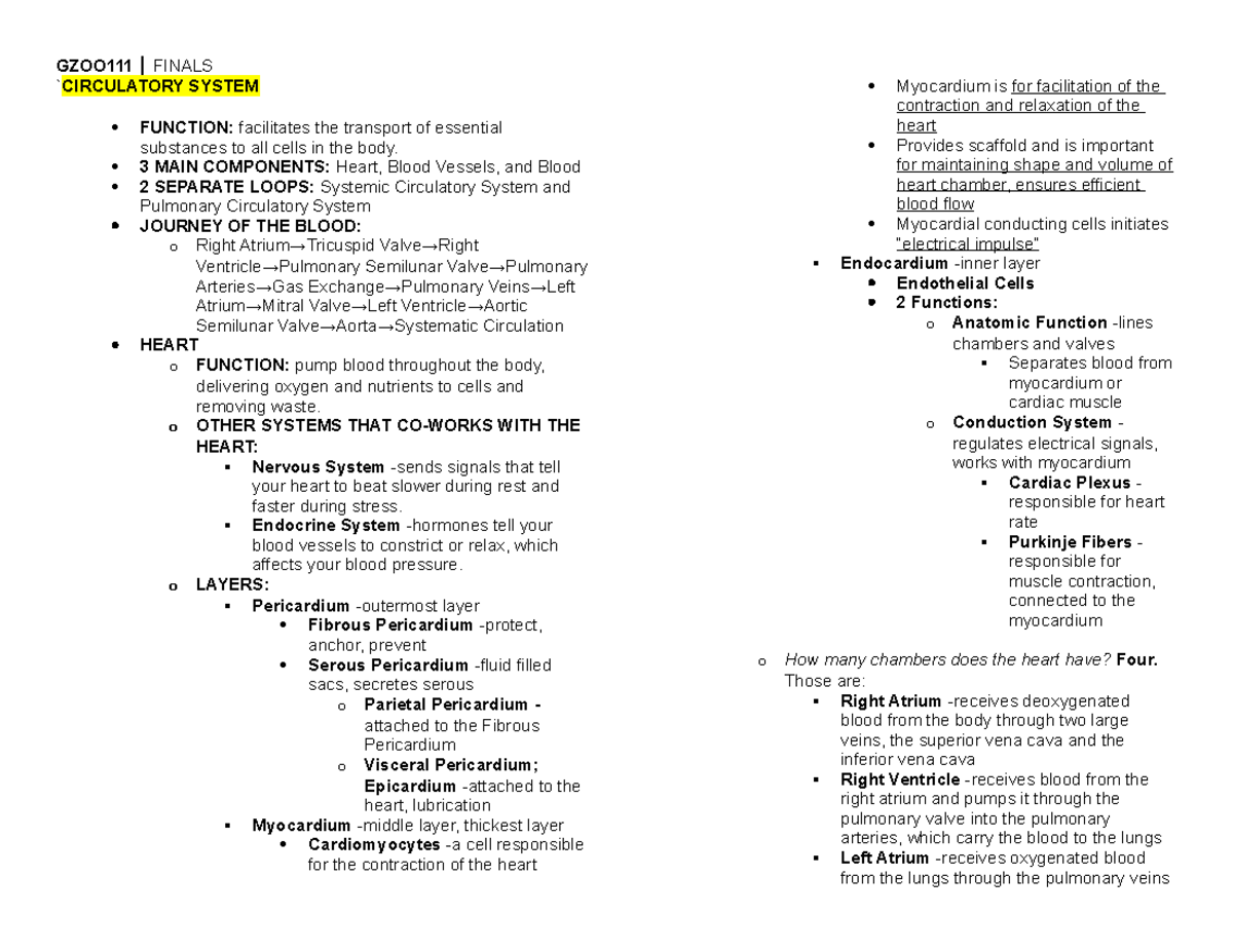 GZOO Finals - `CIRCULATORY SYSTEM FUNCTION: facilitates the transport ...