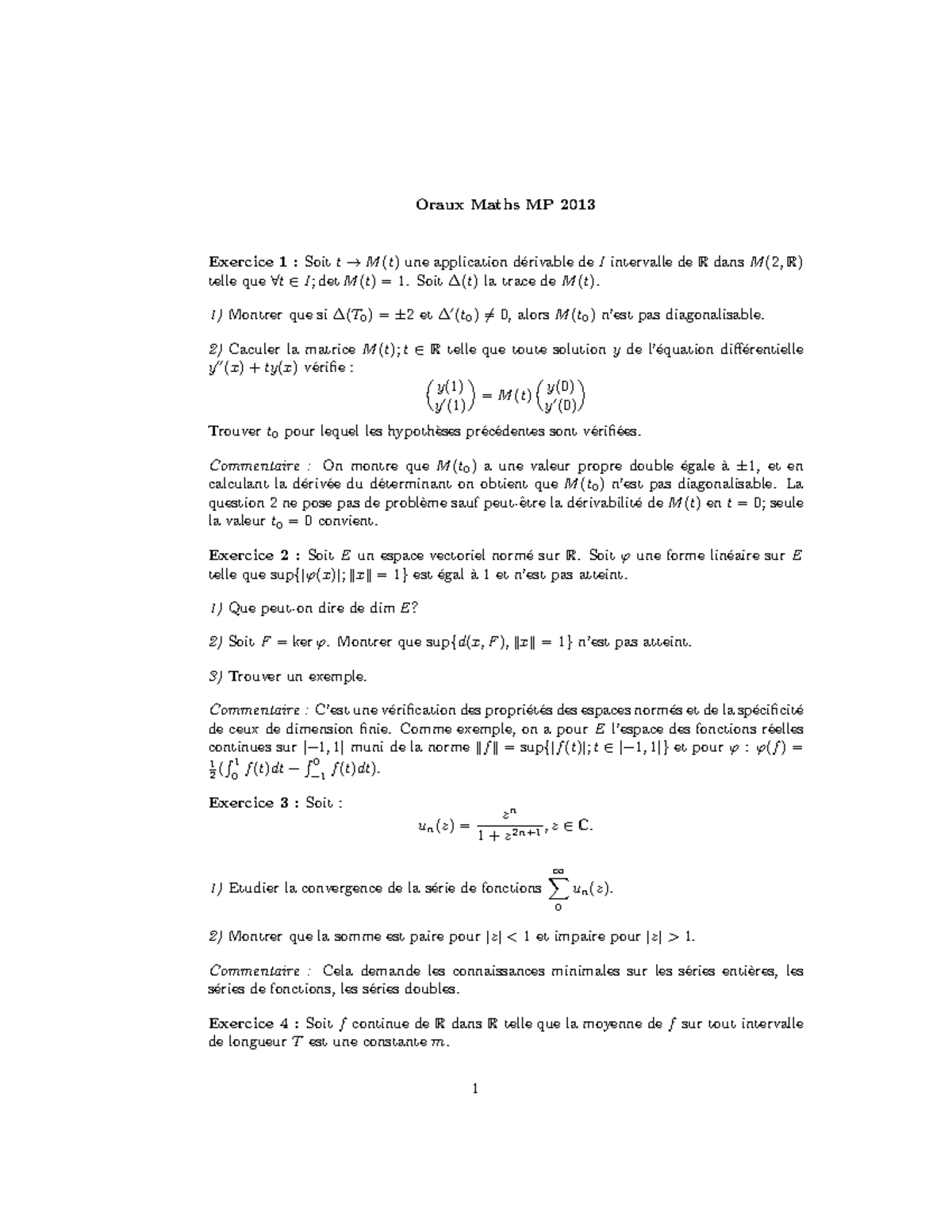 Oraux maths MP - très bon document - Oraux Maths MP 2013 Exercice 1 ...