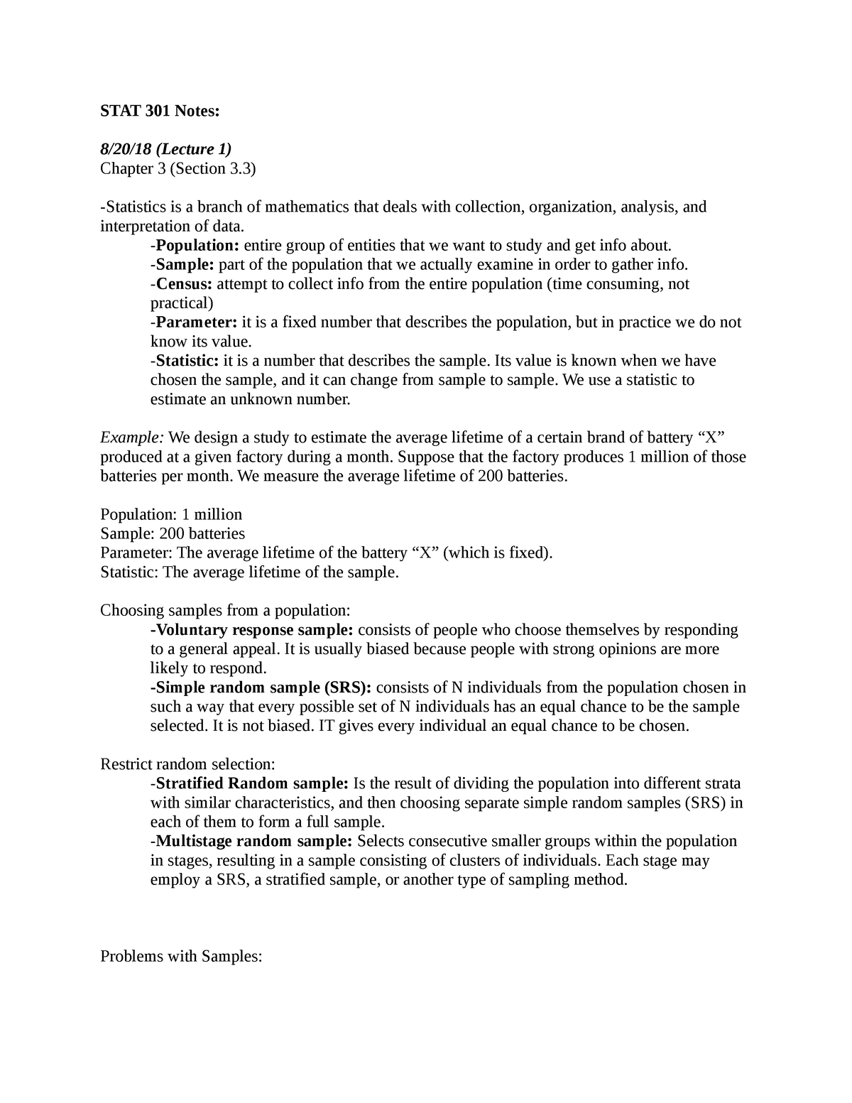 STAT 301 Notes - STAT 301 Notes: 8/20/18 (Lecture 1) Chapter 3 (Section ...