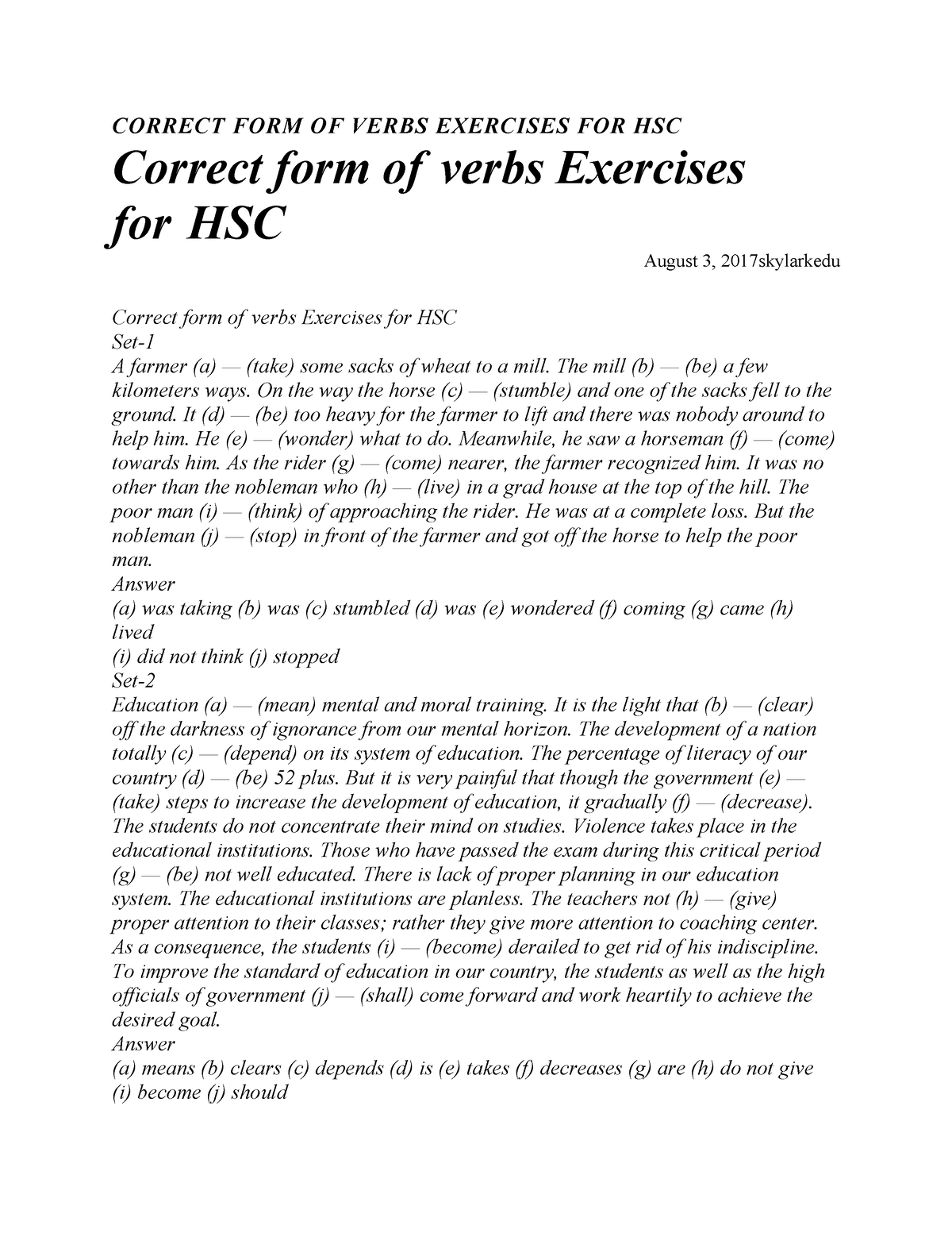 538828626 5 Correct Form Of Verbs Exercises For Hsc CORRECT FORM OF 