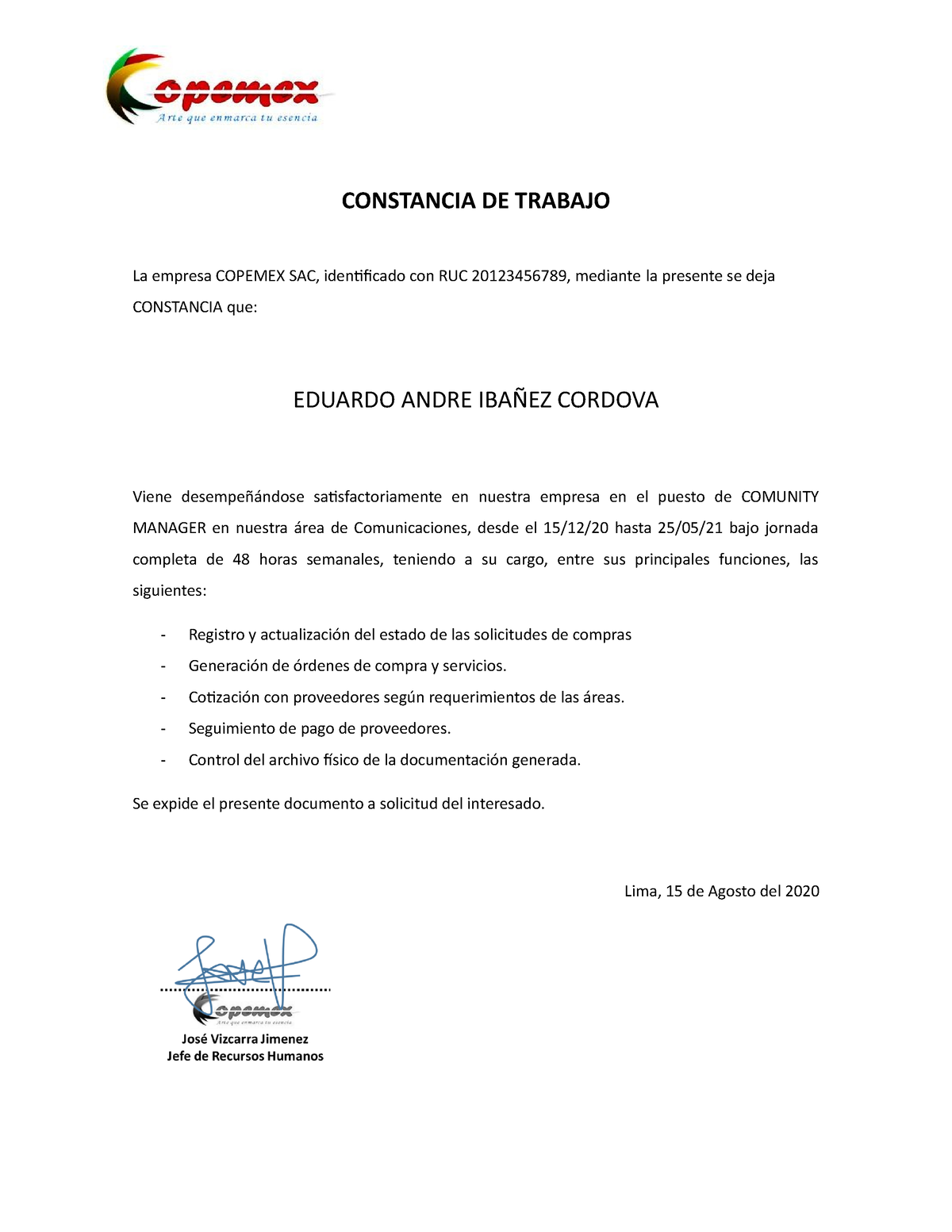 2 Modelo De Constancia De Trabajo Trabajando Constancia De Trabajo La Empresa Copemex Sac 6082