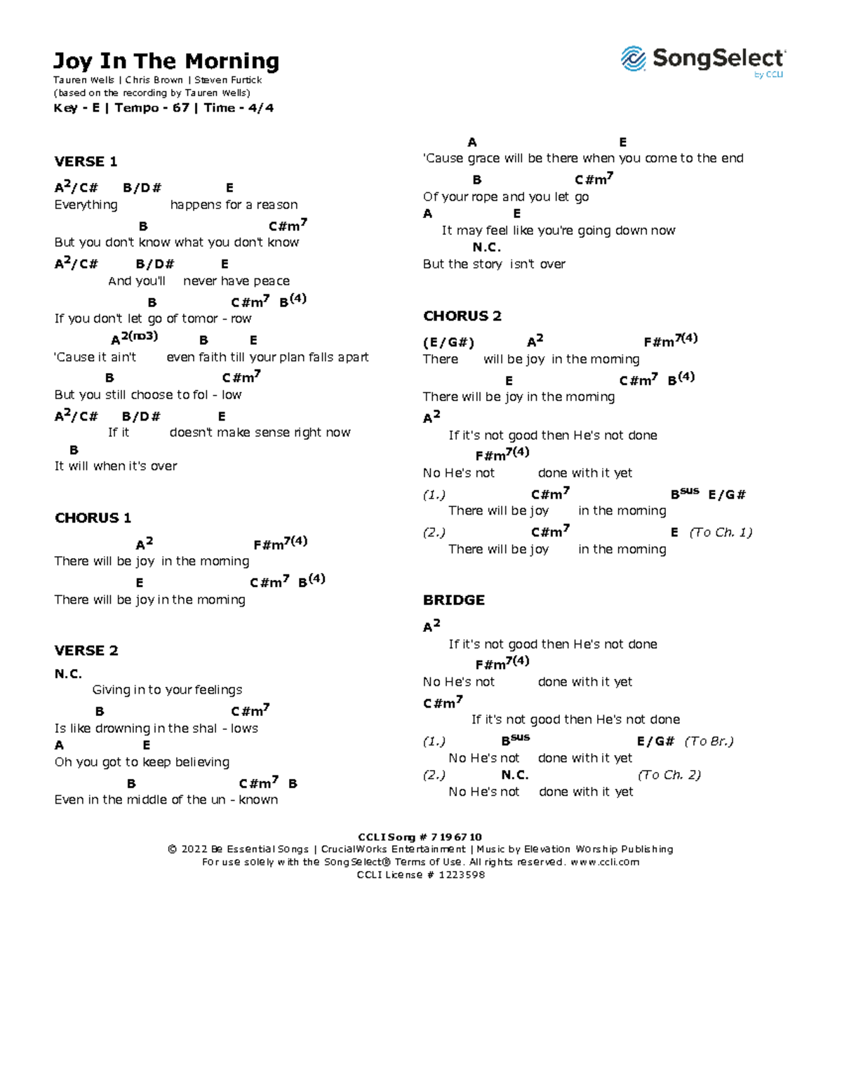 Joy in the morning chords E VERSE 1 happens a reason But you don't what you don't And never