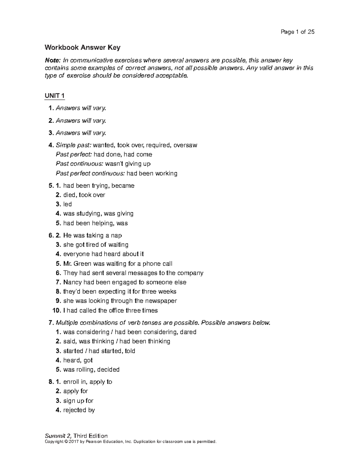 Pdfcoffee - sasd - Summit 2, Third Edition Workbook Answer Key Note: In ...