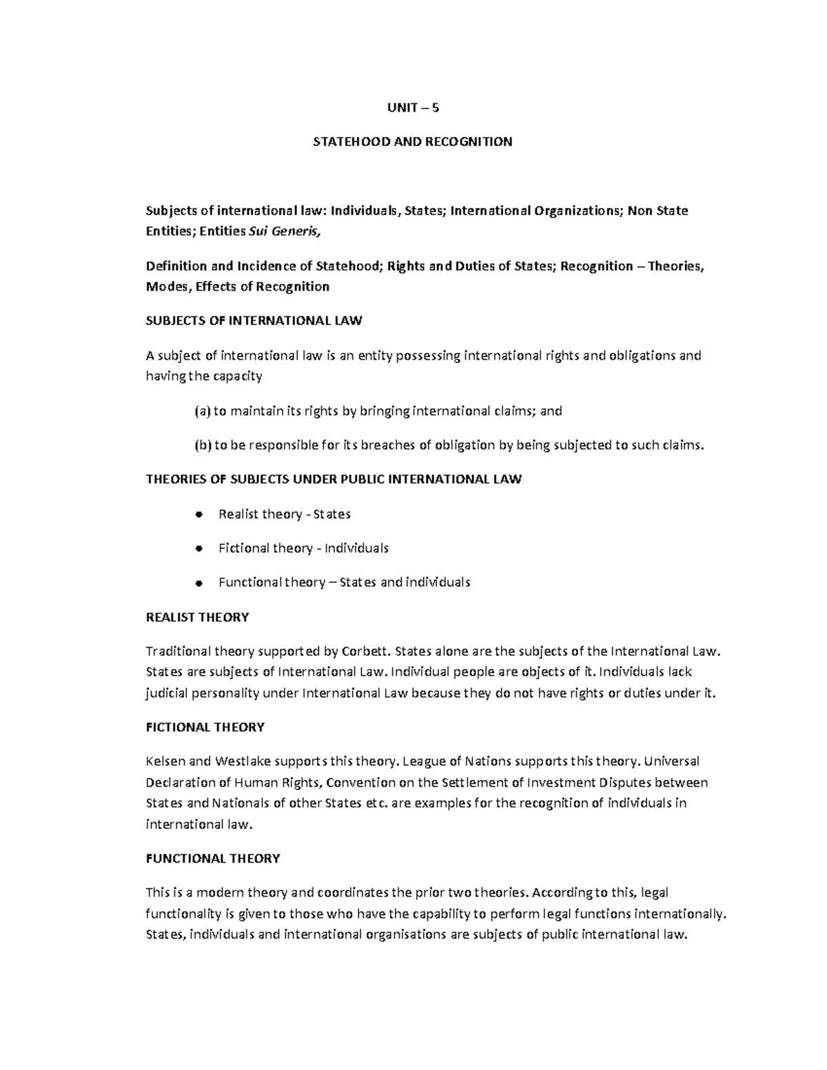 UNIT 5 PIL - good - UNIT – 5 STATEHOOD AND RECOGNITION Subjects of ...
