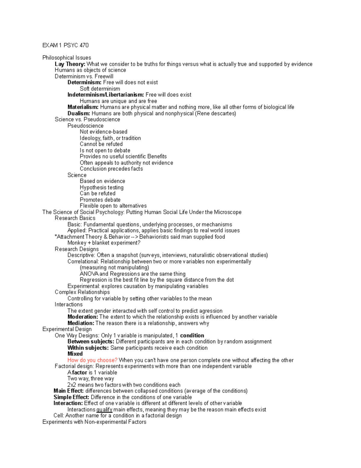 PSYC 470 Cumulative Notes - EXAM 1 PSYC 470 Philosophical Issues Lay ...