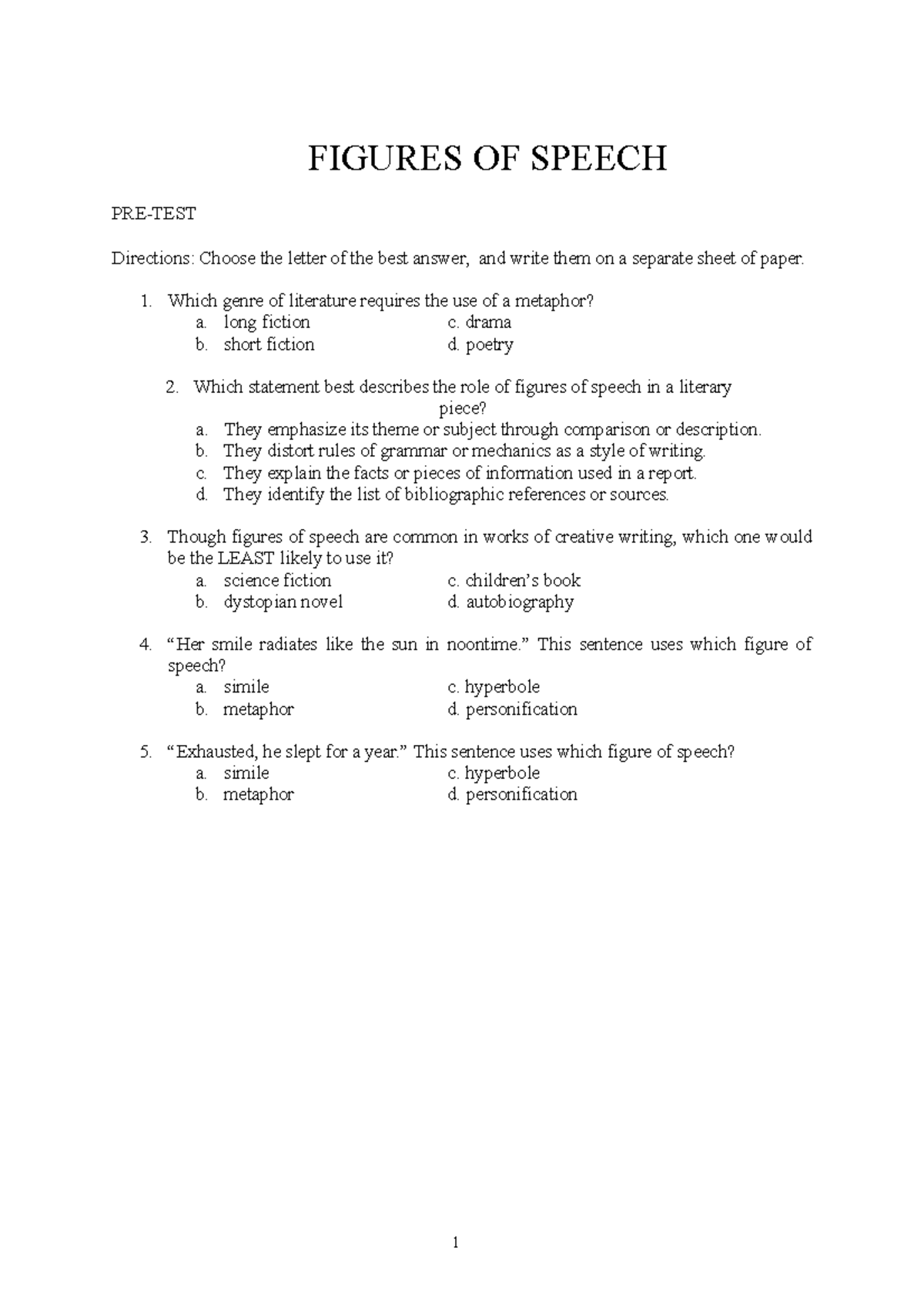 Figures OF Speech Module FIGURES OF SPEECH PRETEST Directions
