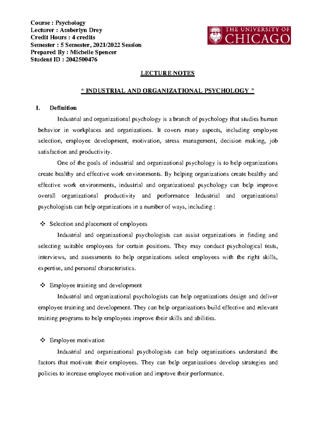 Lecturer Notes Industrial and Organizational Psychology Psychology ...