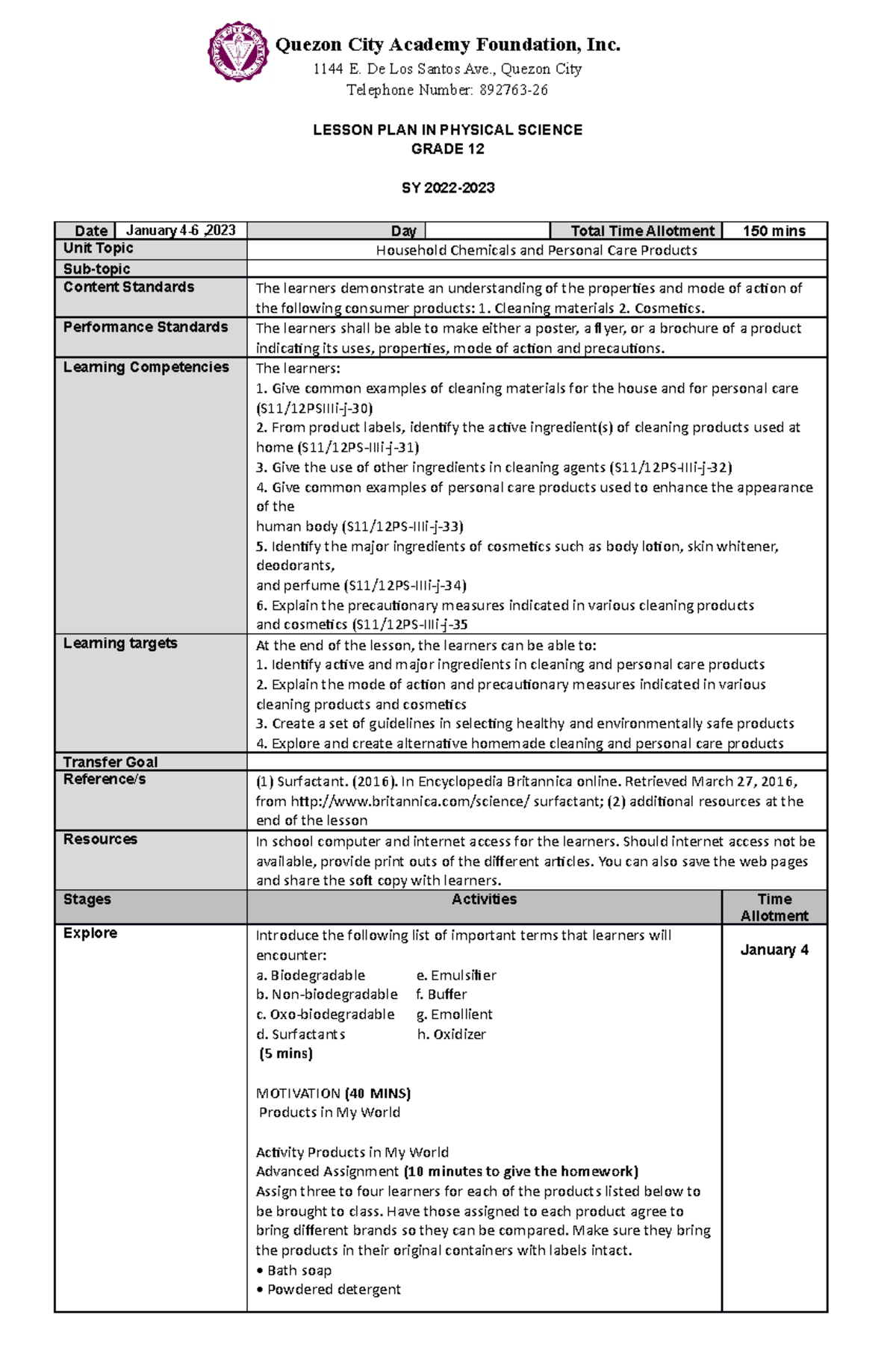 January 4-6, 2023 Physical Science - Quezon City Academy Foundation ...