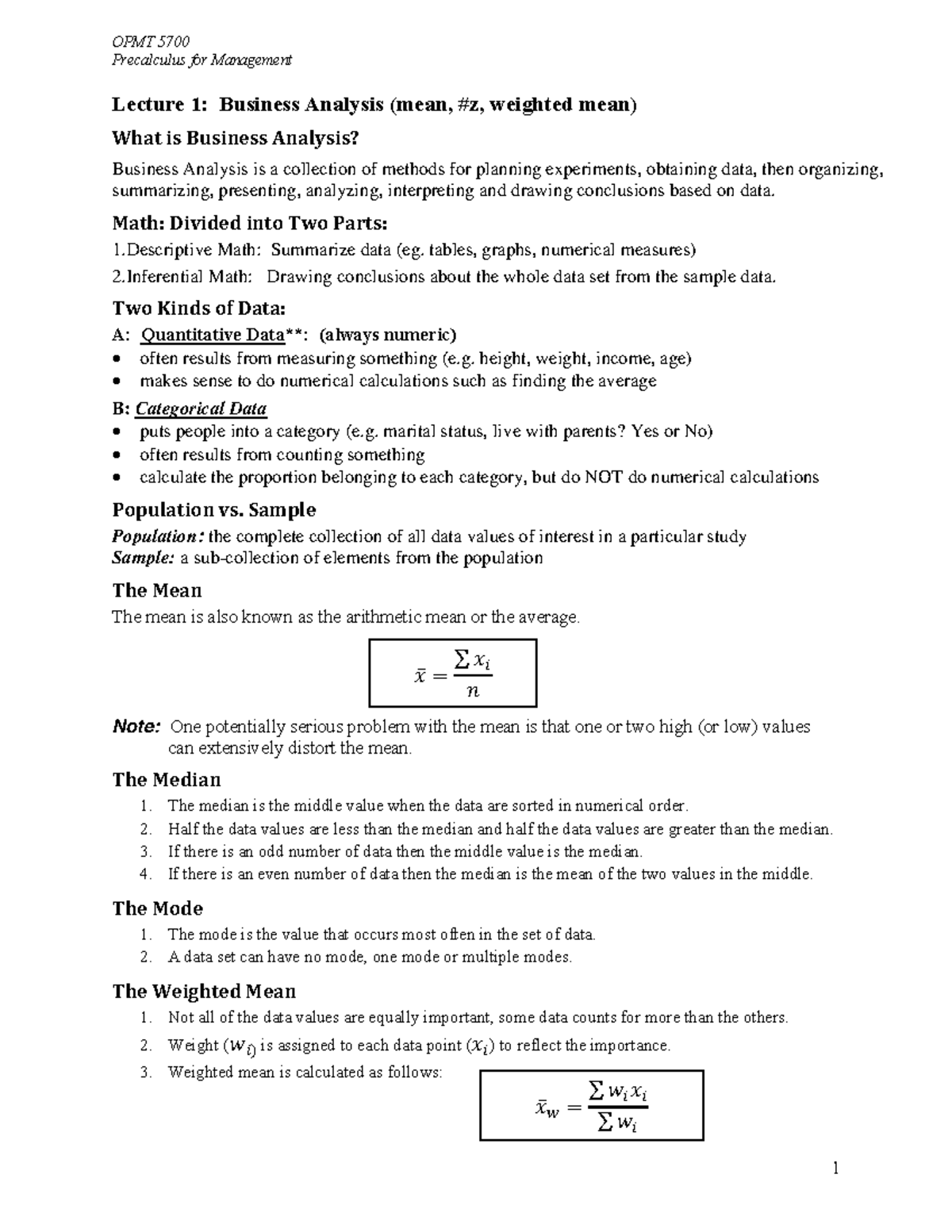 Lecture 1-5700 - Precalculus For Management Lecture 1: Business 