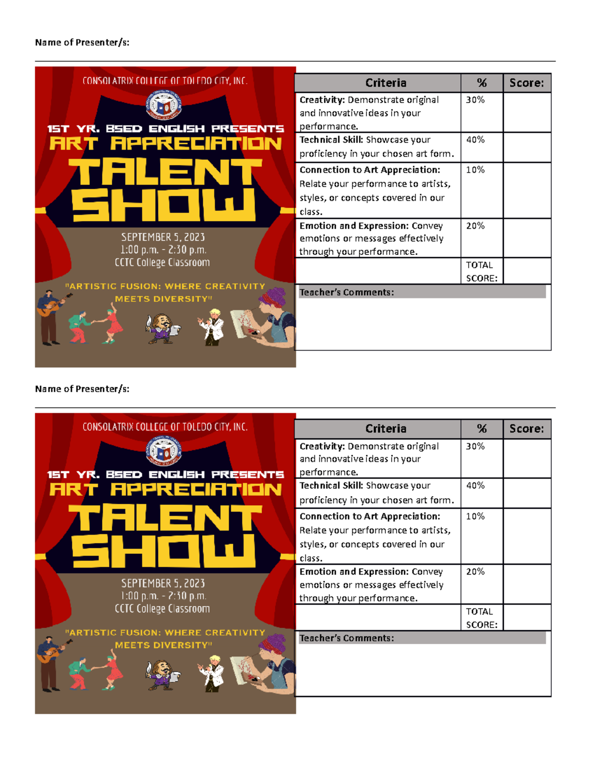 Talent Show Rubrics - jvoisdjvoisjvpsjpo - Name of Presenter/s: - Studocu