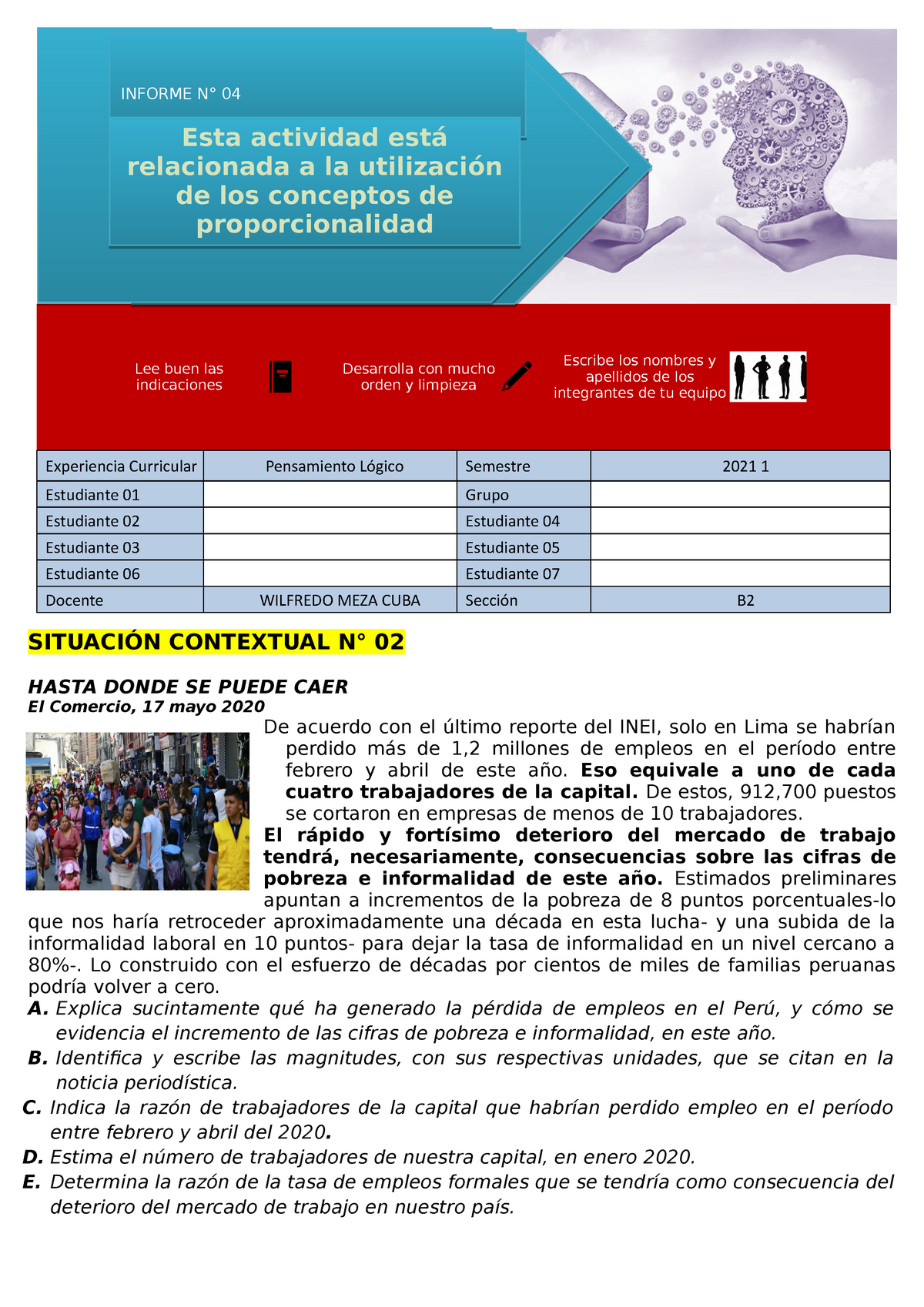 Informe N° 04 del curso de matemáticas - Lee buen las indicaciones