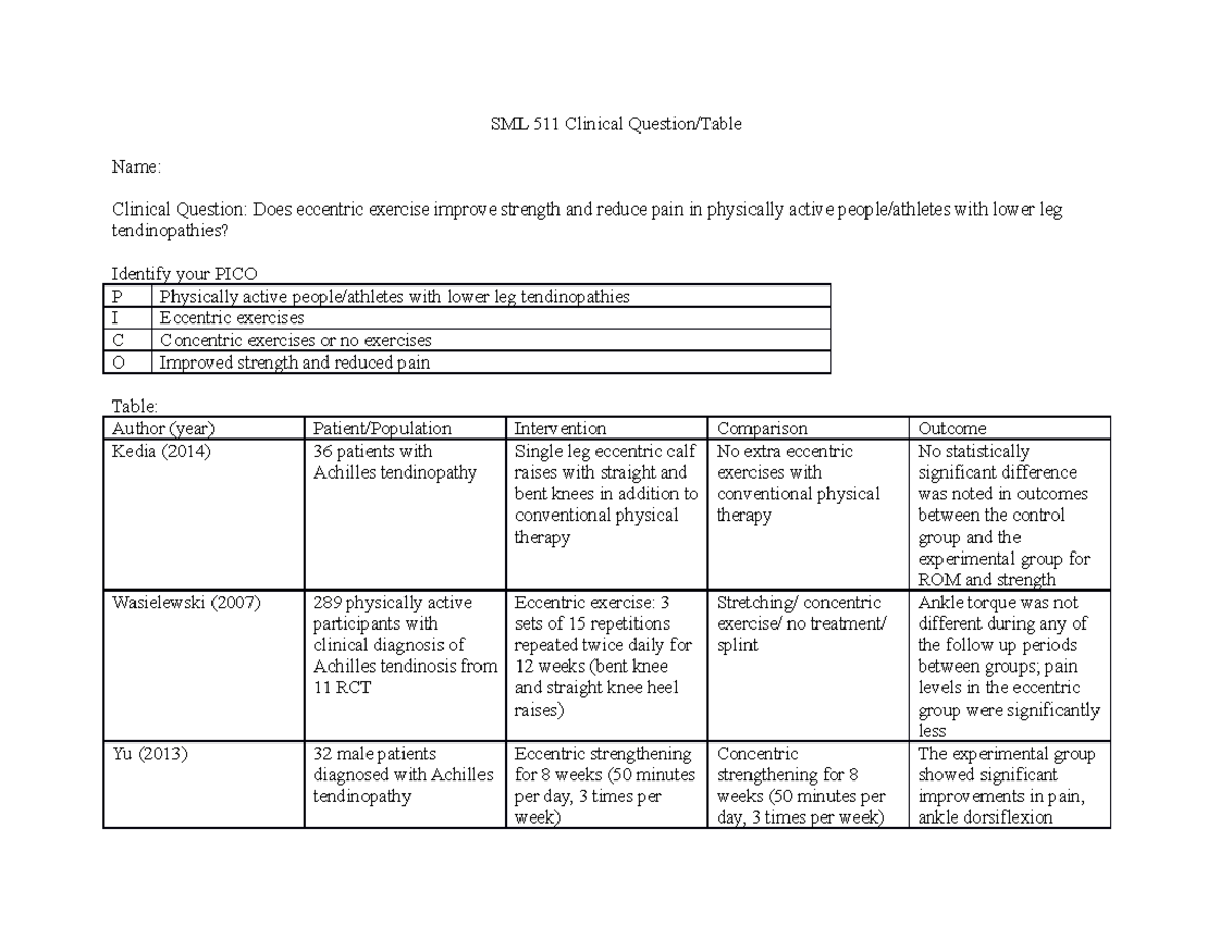 SML 511 Clinical Question Table Template with Skills Assessment 2021 ...