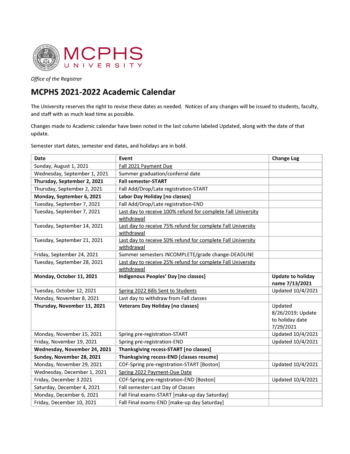 2122Academic Calendar9 Office of the Registrar MCPHS 20212022