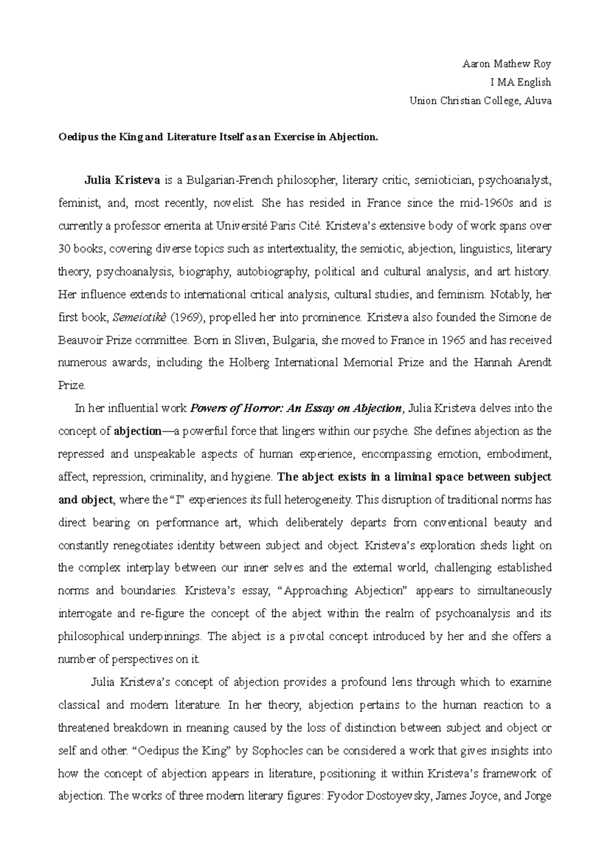 Literature, Abjection - Aaron Mathew Roy I MA English Union Christian ...