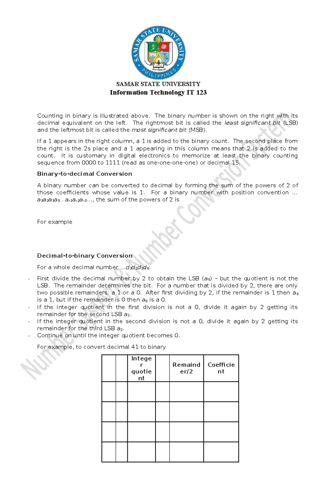 Information Technology IT 123 Number conversion - SAMAR STATE ...