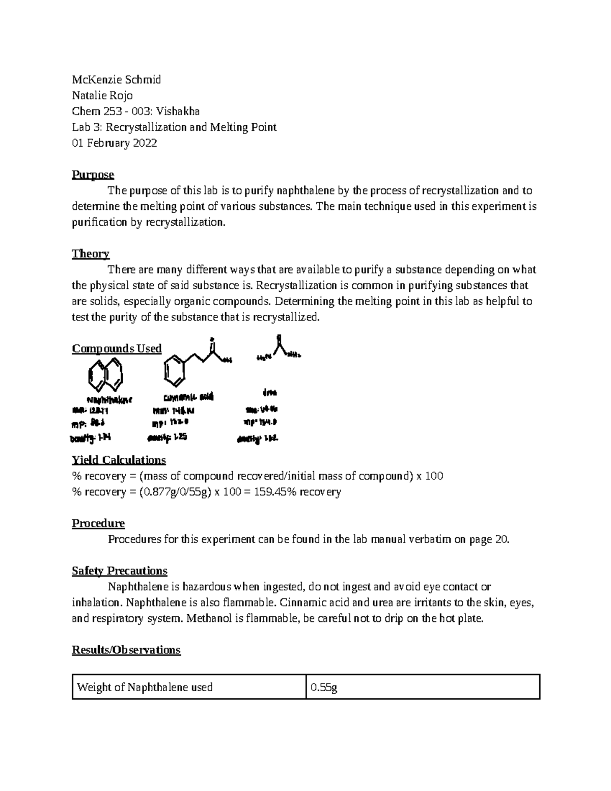 Chem Experiment 3 Lab Report - McKenzie Schmid Natalie Rojo Chem 253 ...