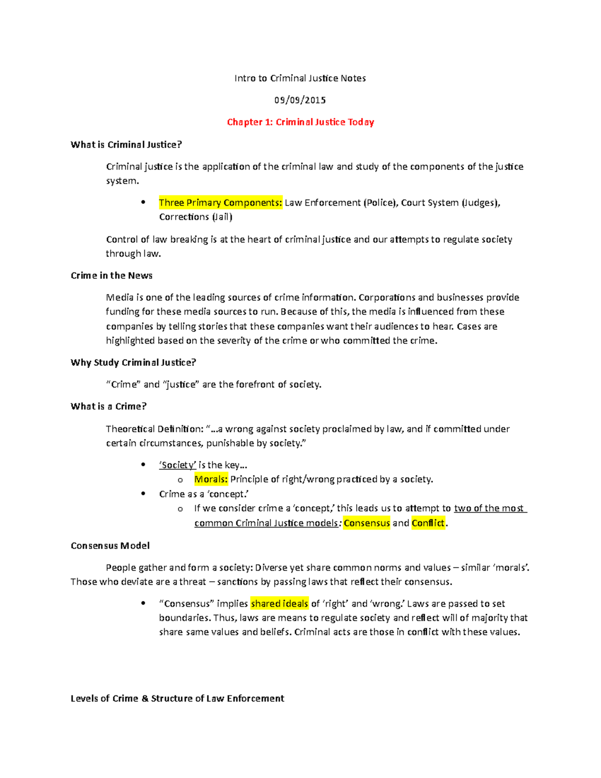 Chapter 1 Notes - Intro To Criminal Justice Notes Chapter 1: Criminal ...