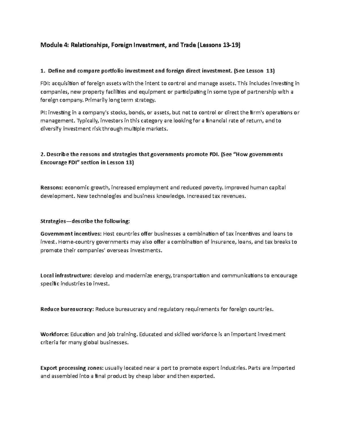 Module 4 - Study Guide - Module 4: Relationships, Foreign Investment ...