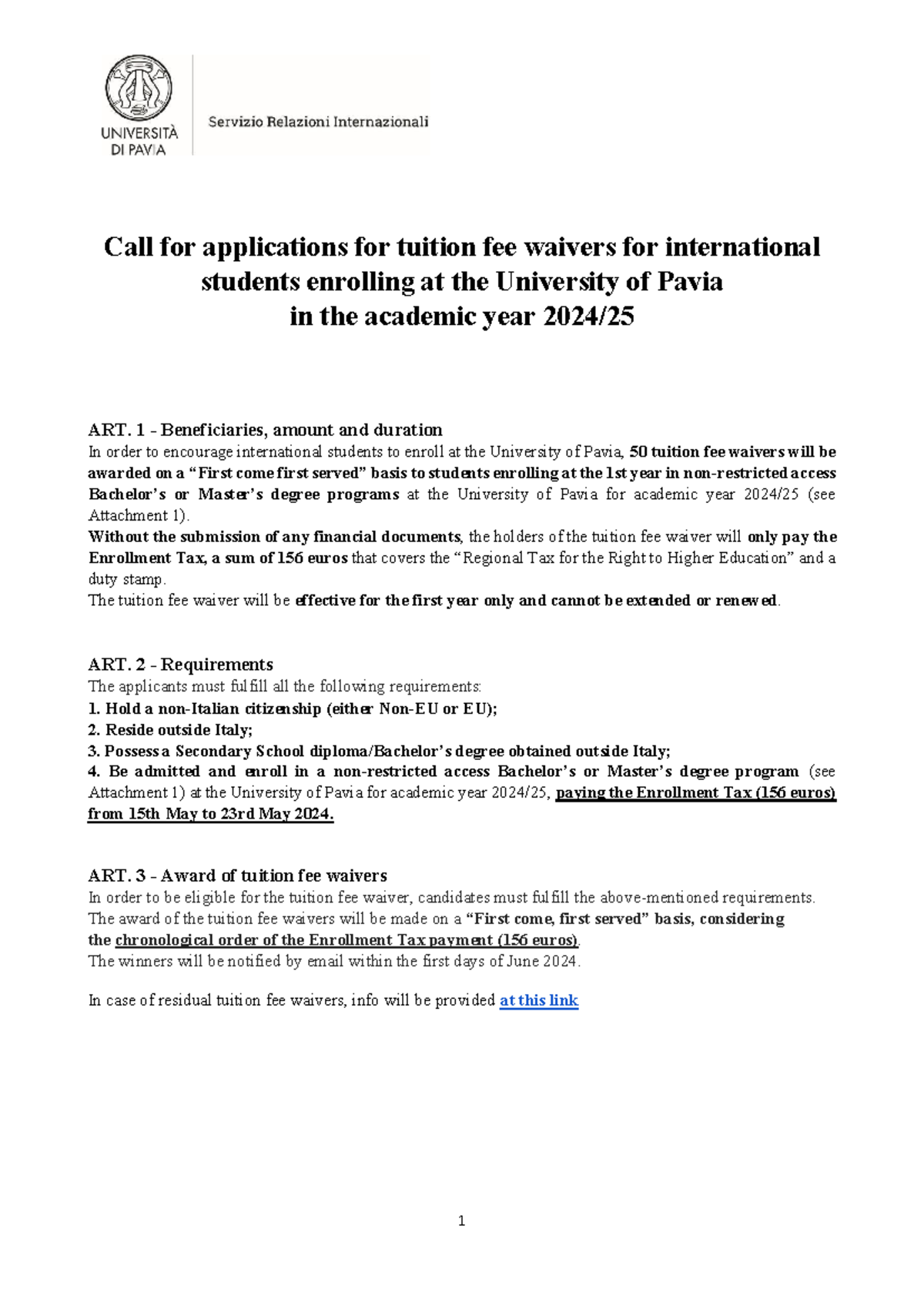 BandoFeeWaiver2425 Call for applications for tuition fee waivers