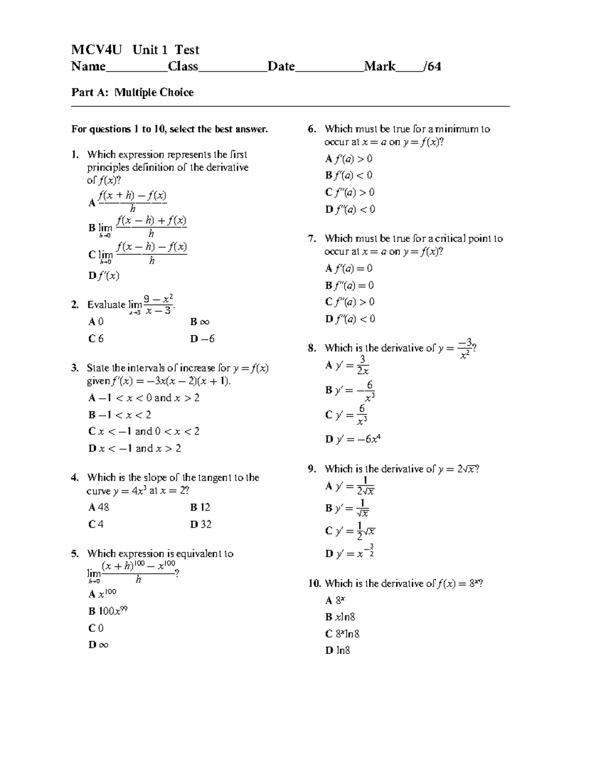 MCV 4U Unit 1 Test pdf - MCV4U class notes - MCV4U Unit 1 Test - Studocu