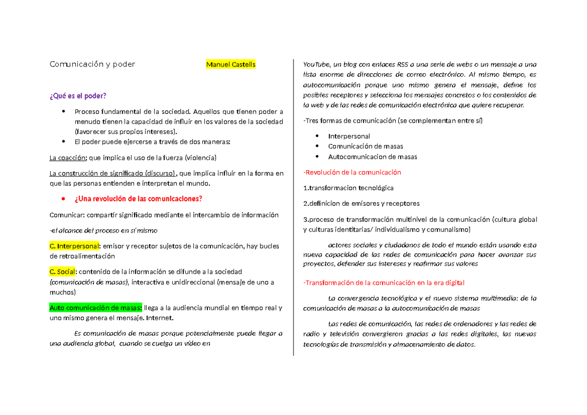 Resumen de Comunicacion y Poder de Castells - Comunicación y poder