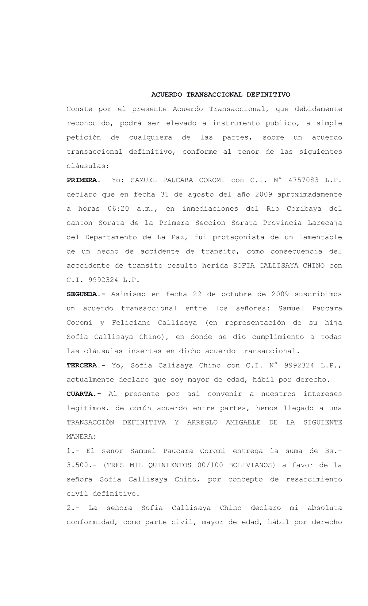 Ac Trans Definitivo Acuerdo Transaccional Definitivo Conste Por El Presente Acuerdo 0886