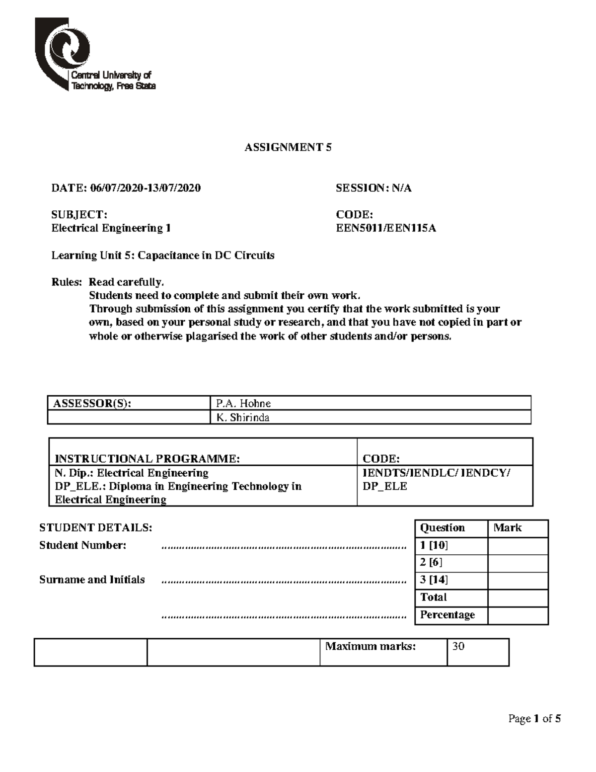 EEN115A EEN5011-Unit1-Assignment 5 Qeustion-File - ASSIGNMENT 5 DATE ...