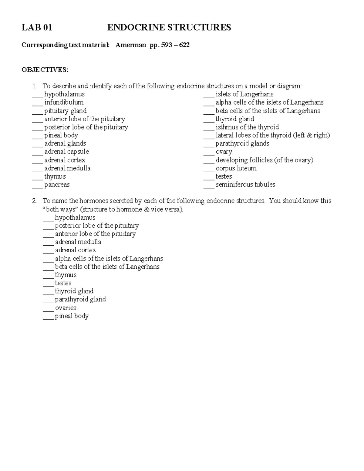 Lab 01 Endocrine 1 Spring '19 - Lab 01 Endocrine Structures 