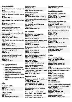 Cheat Sheet - Query single table Query data in columns c1, c2 from a ...