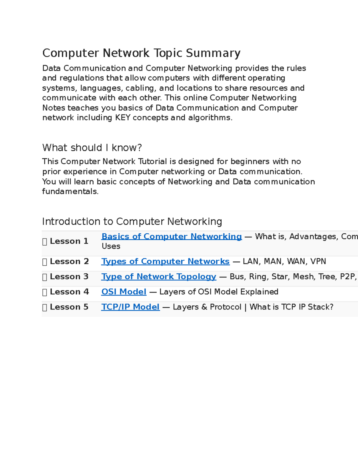 Computer Network Topic Summary - This online Computer Networking Notes ...