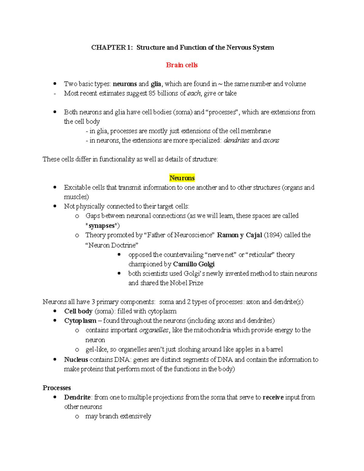 Chap1 Notes - CHAPTER 1: Structure and Function of the Nervous System ...
