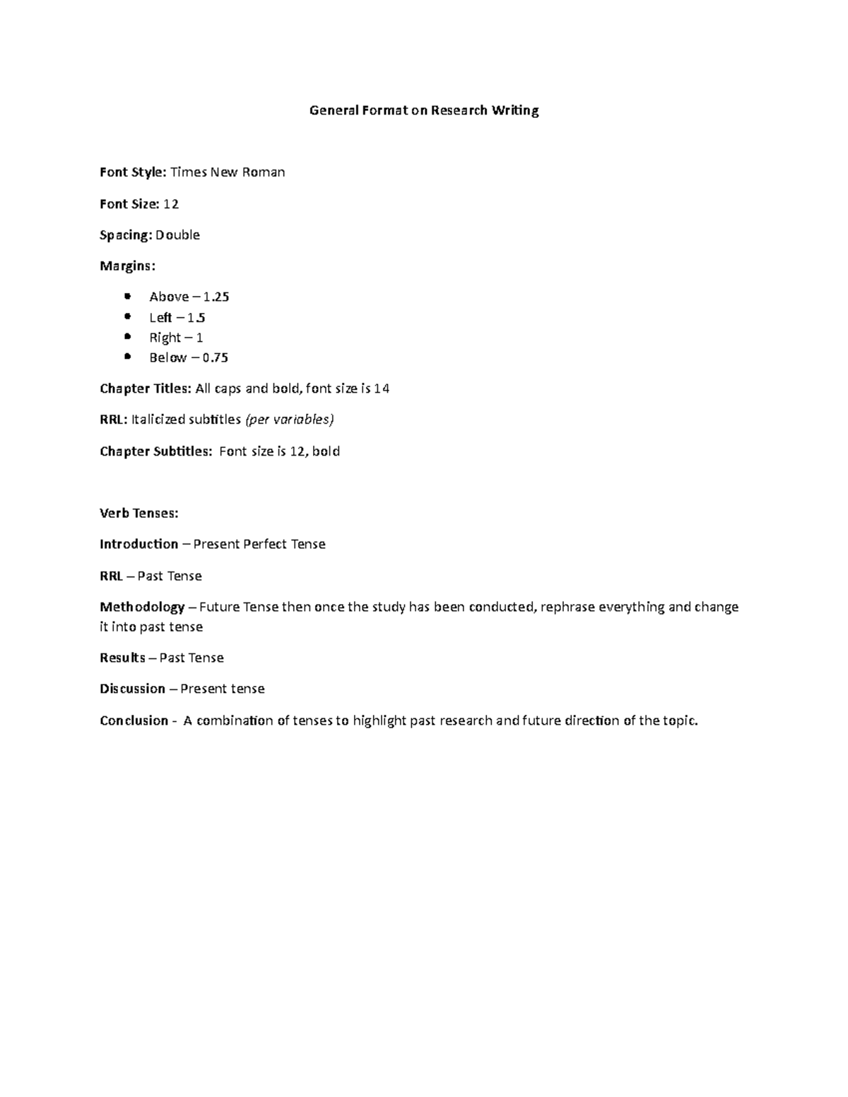 General Format on Research Writing - Left – 1. Right – 1 Below – 0 ...