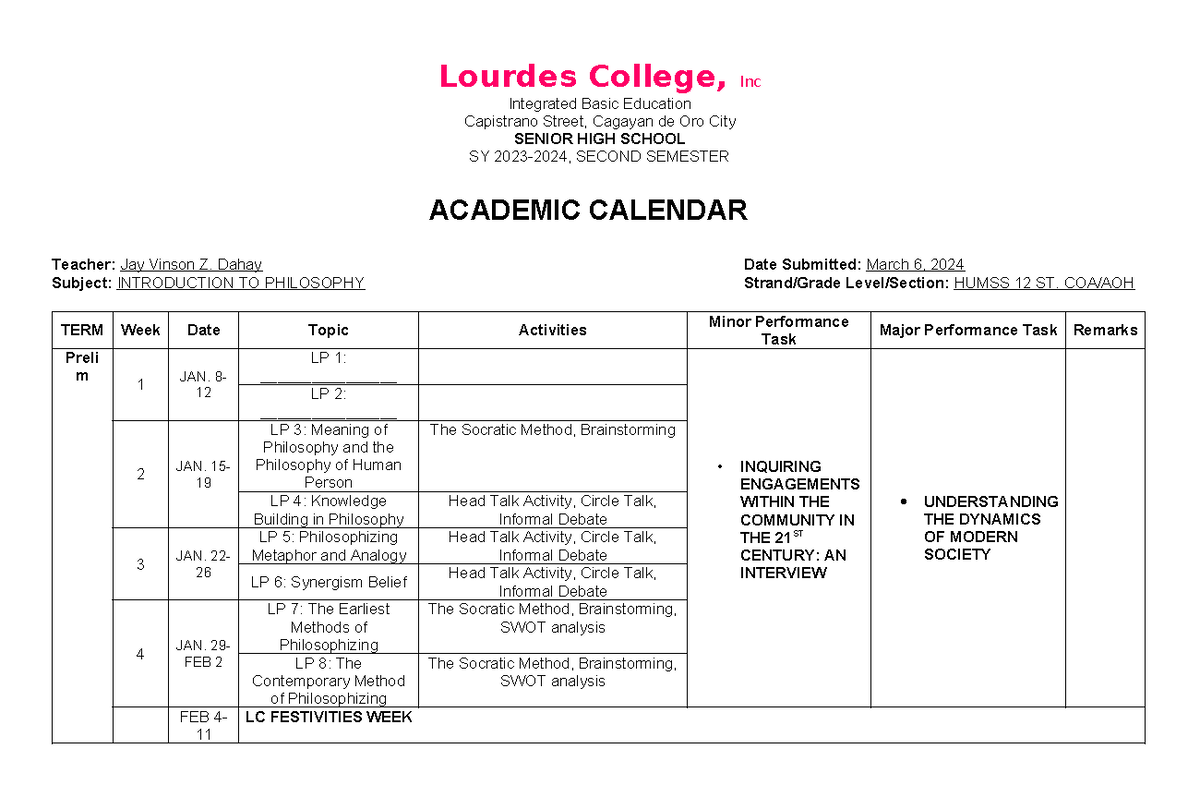 Philo Academic Calendar Lourdes College, Inc Integrated Basic