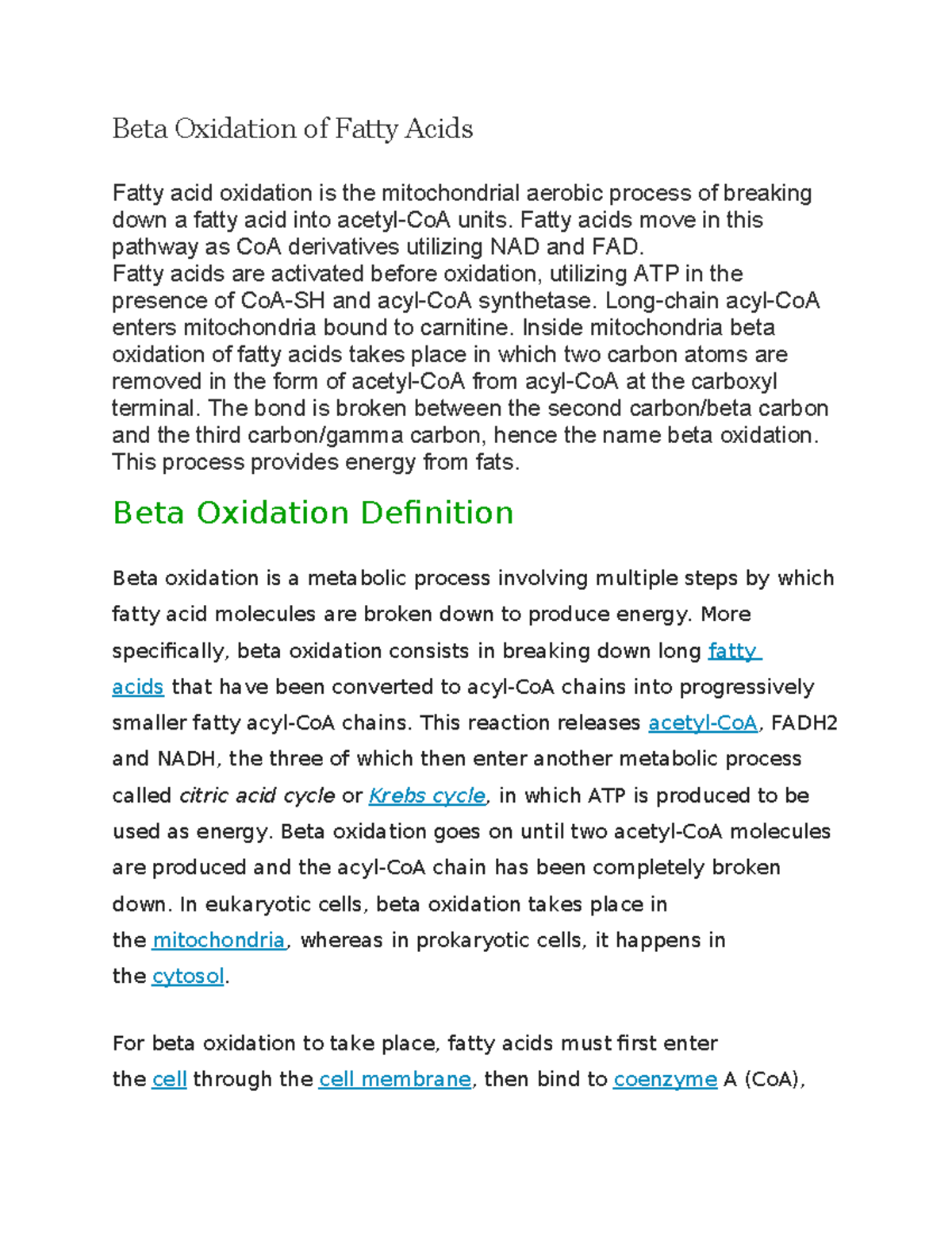Beta Oxidation of Fatty Acids advance organic chemistry and inorganic ...