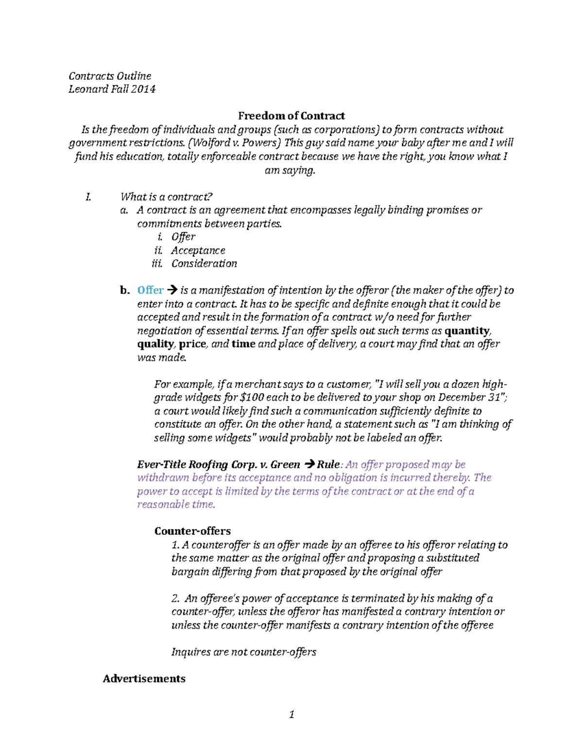 Contracts Outline Wolford v. Powers This guy said name your ba