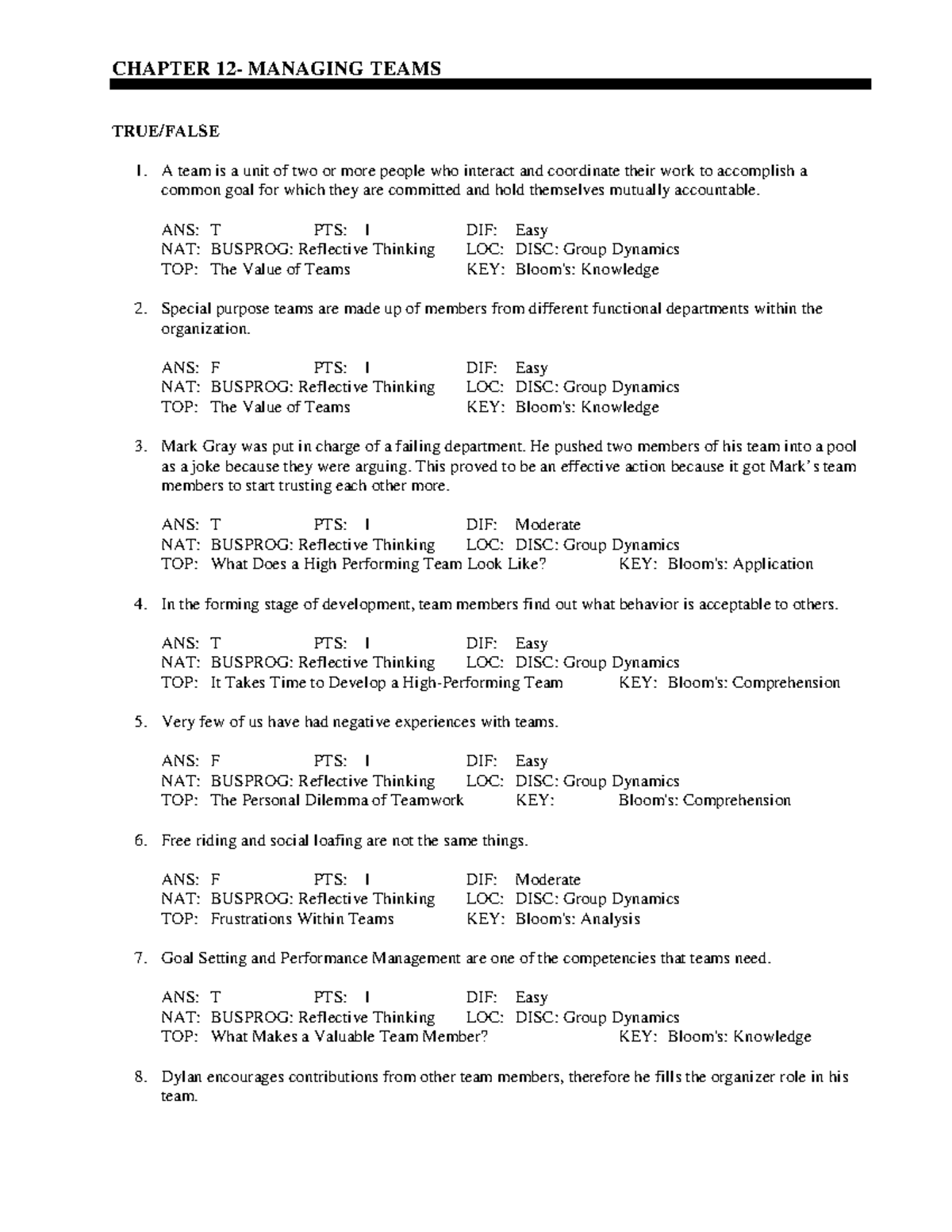 Chapter 12 v2 - quiz practice material - CHAPTER 12- MANAGING TEAMS ...
