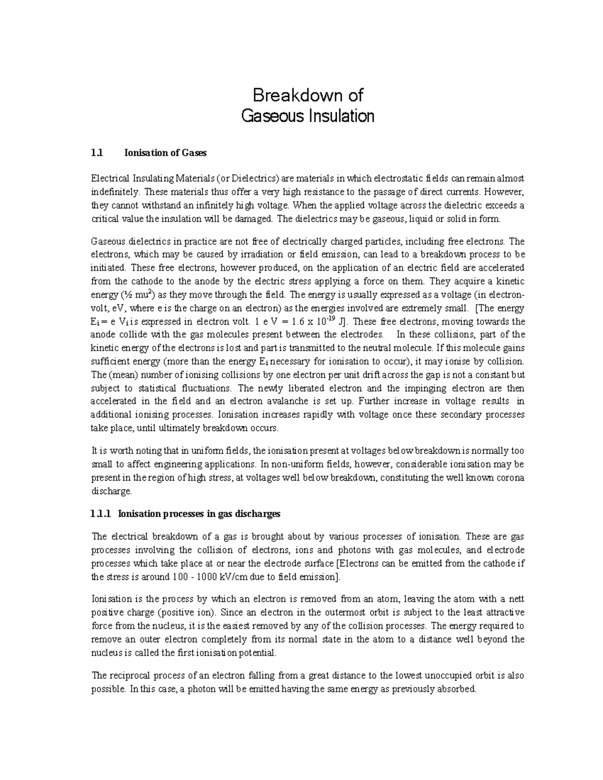 Breakdown of Gaseous Insulation - Breakdown of Gaseous Insulation 1 ...
