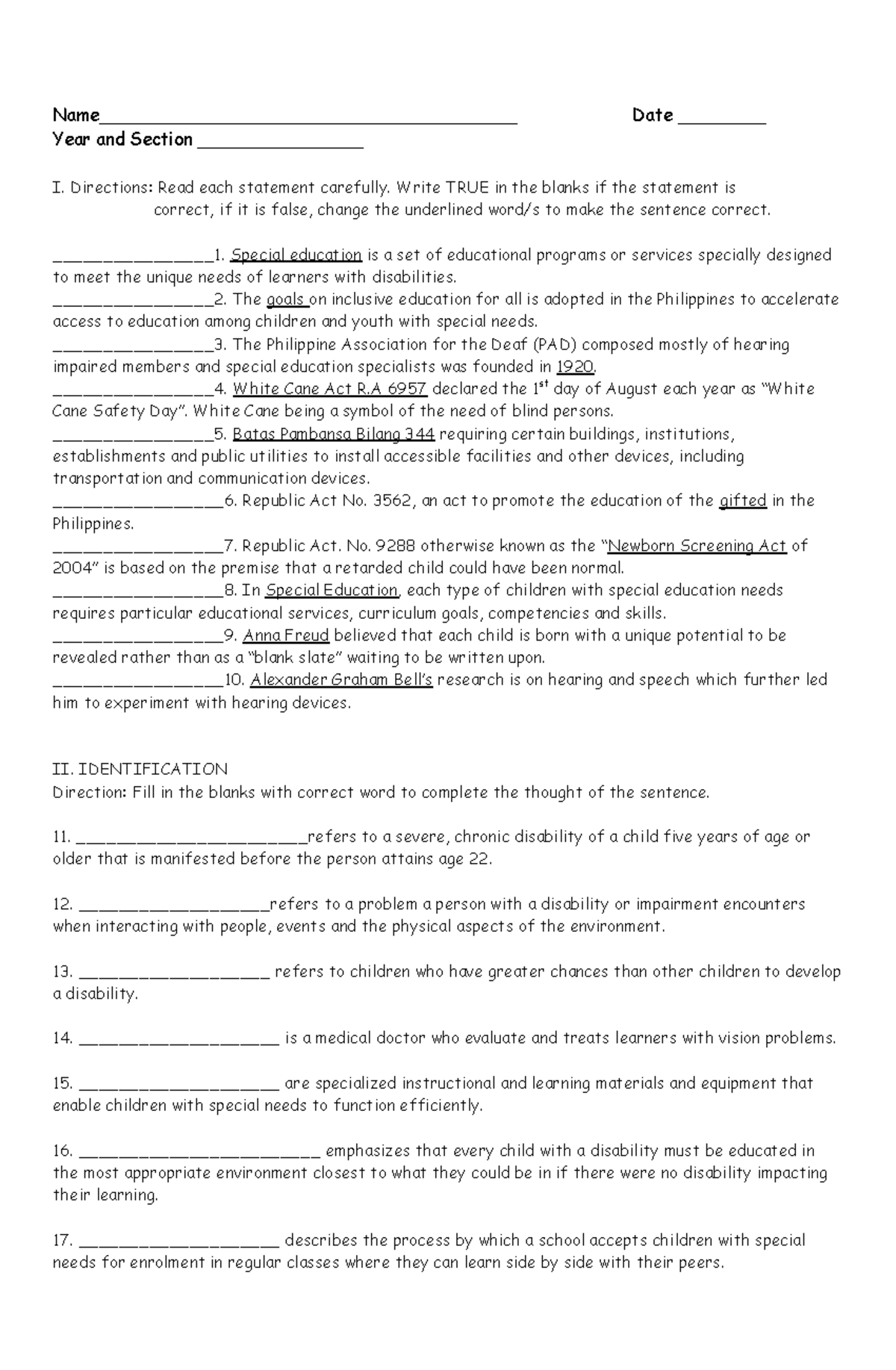 Past Practice Activity on Special Education - Name ...