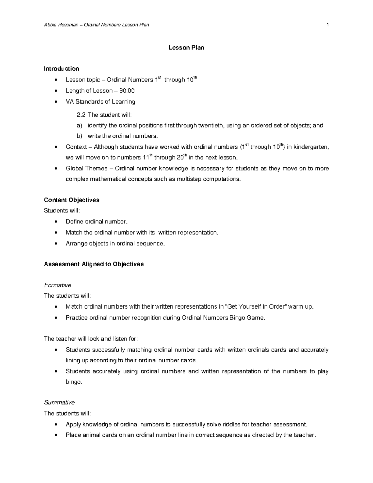 Oridinal numbers lesson plan Grade 1 2022 foundation phase pdf-1 ...