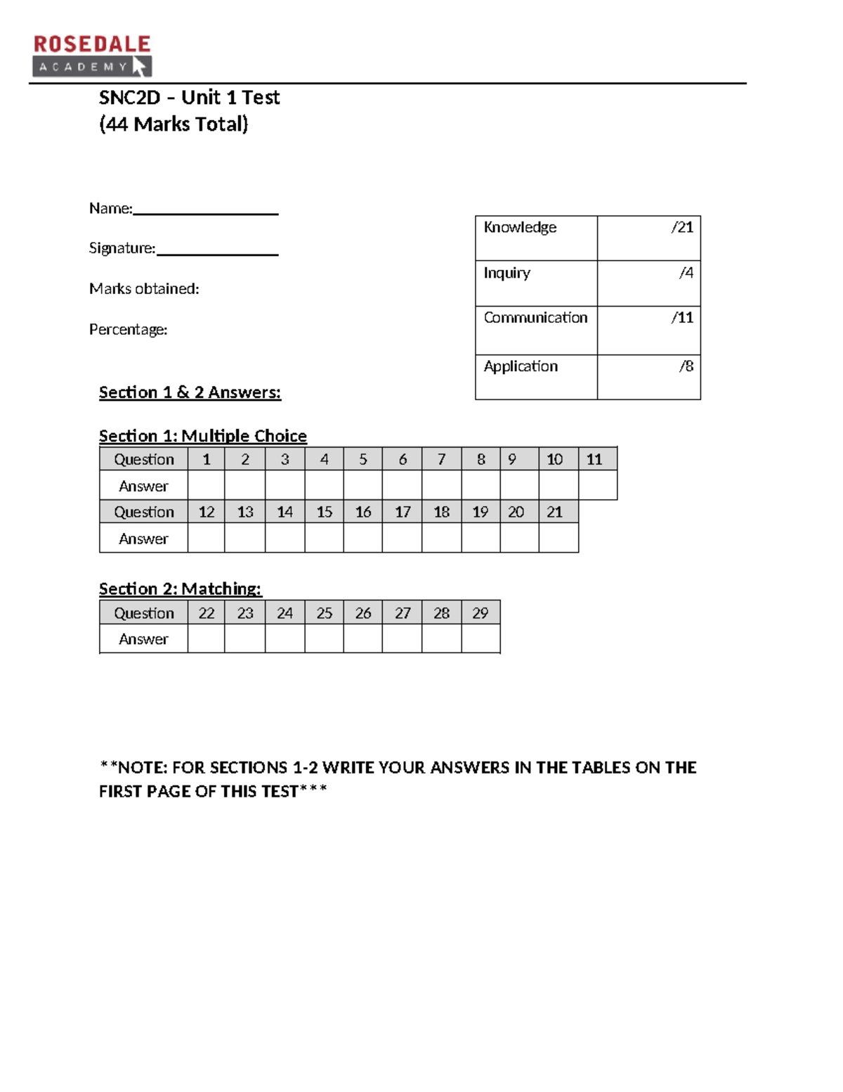 SNC2D Unit 1 Test - 2019 - .asdfasdf - SNC2D – Unit 1 Test (44 Marks ...