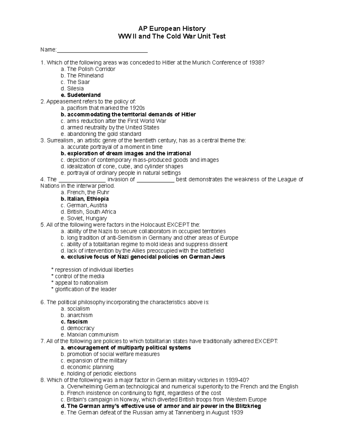 WW II and cold war Unit Test - AP European History WW II and The Cold ...