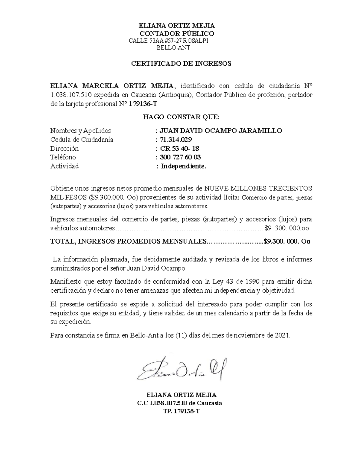 Certificado De Ingresos Ejemplo Eliana Ortiz Mejia Contador PÚblico Calle 53aa 57 27 Rosalpi 8977