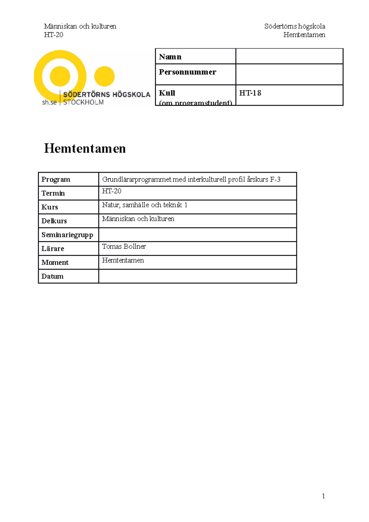 Hemtentamen - Människan Och Kulturen (Del 1) - HT-20 Hemtentamen ...