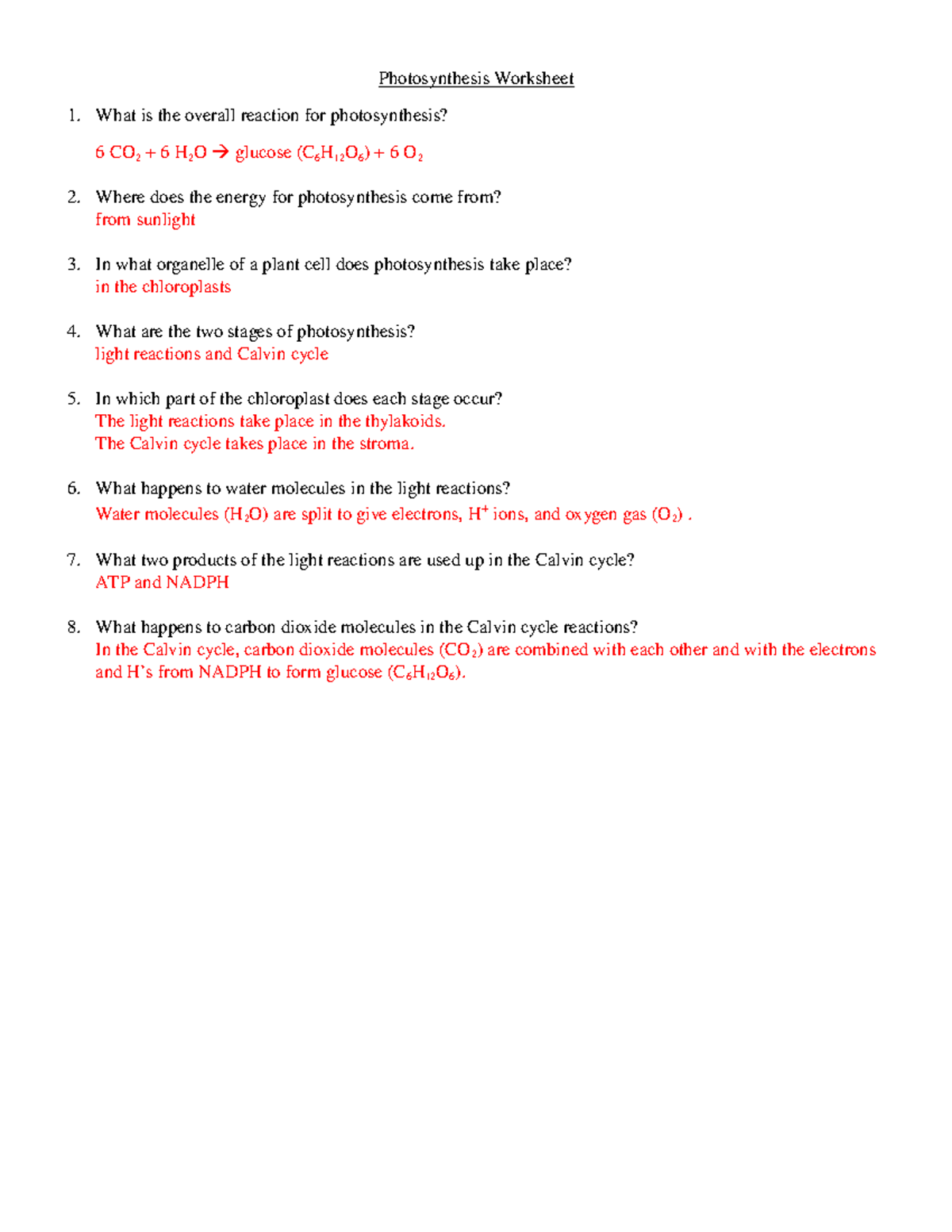Photosynthesis Worksheet answer key - Photosynthesis Worksheet What is the  overall reaction for - Studocu