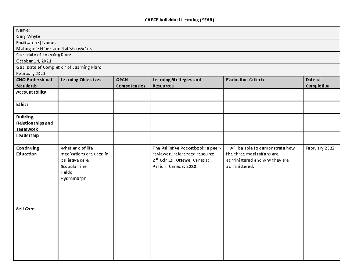 Capce Learning Plan Gary Whyte 2022- Feedback - CAPCE Individual ...