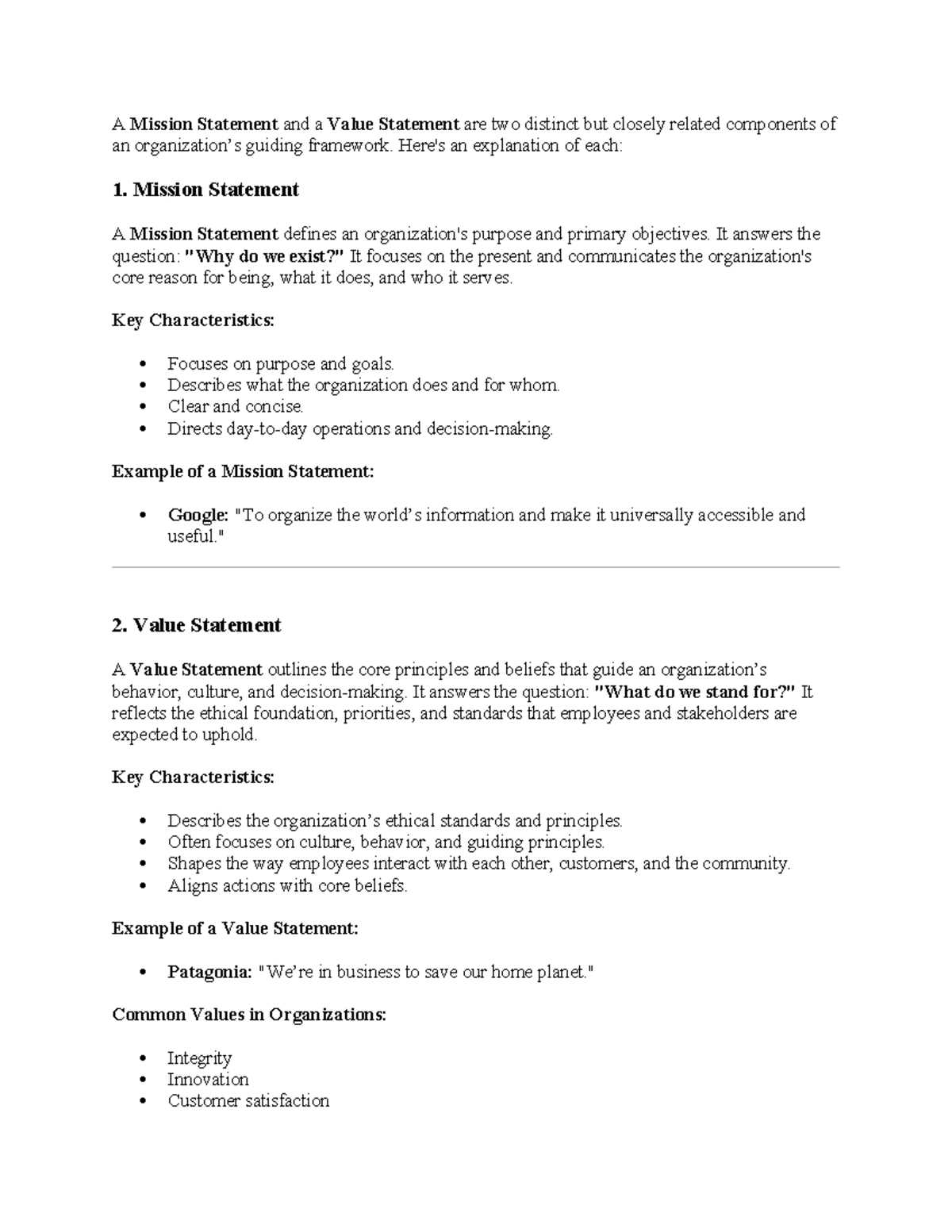 Mission and Value statement - A Mission Statement and a Value Statement ...